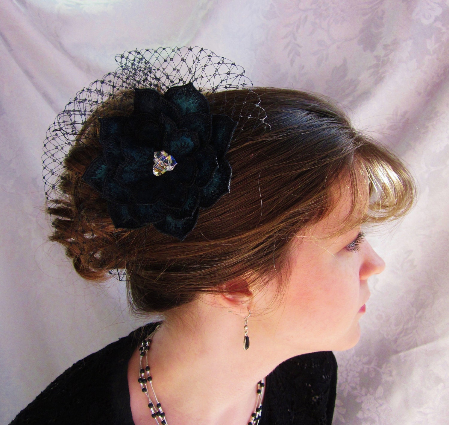 Peacock Green Bridesmaid Fascinator Embroidered Flower Swarovski Crystals Wedding Accessory
