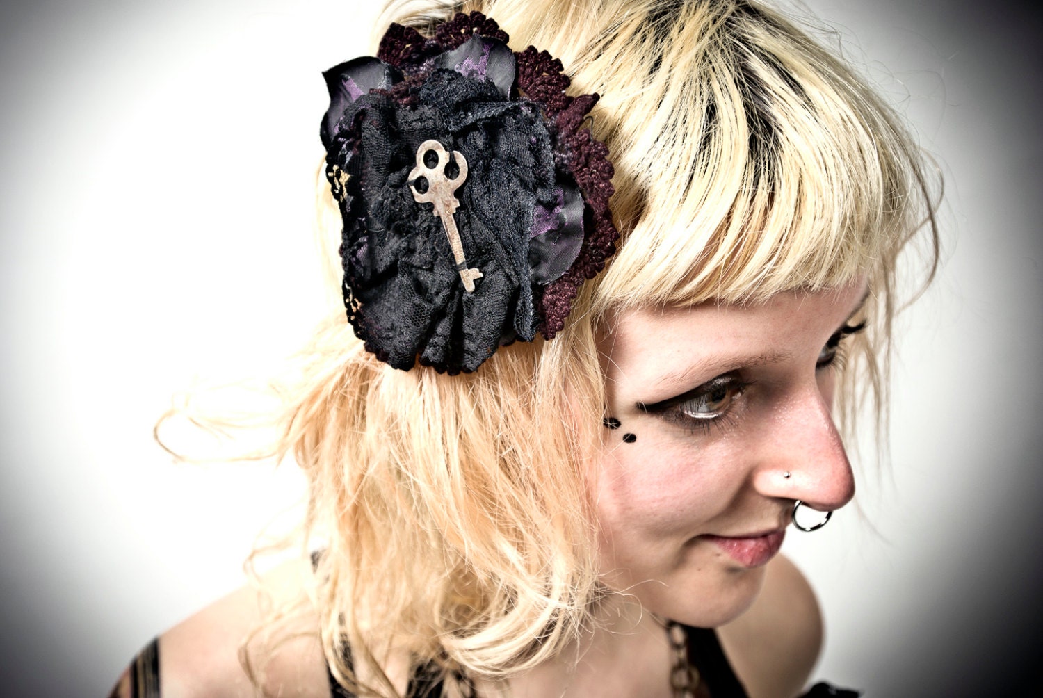 Antique Skeleton Key with Black Lace, Hand-Dyed Vintage Crochet Lace on hair clip.