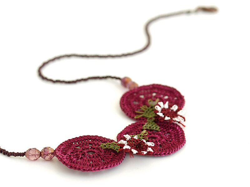 Crocheted Statement Necklace Burgundy OOAK Pink Crystal Neddle Lace Flower Seed Bead Cottage Chic Boho Choker