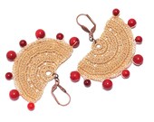 Crochet Bohemian Chic Dangle Earrings in Ivory, Red with Coral Varnished Hippie Boho Gypsy Style Jewelry Strip Semicircle Geometric