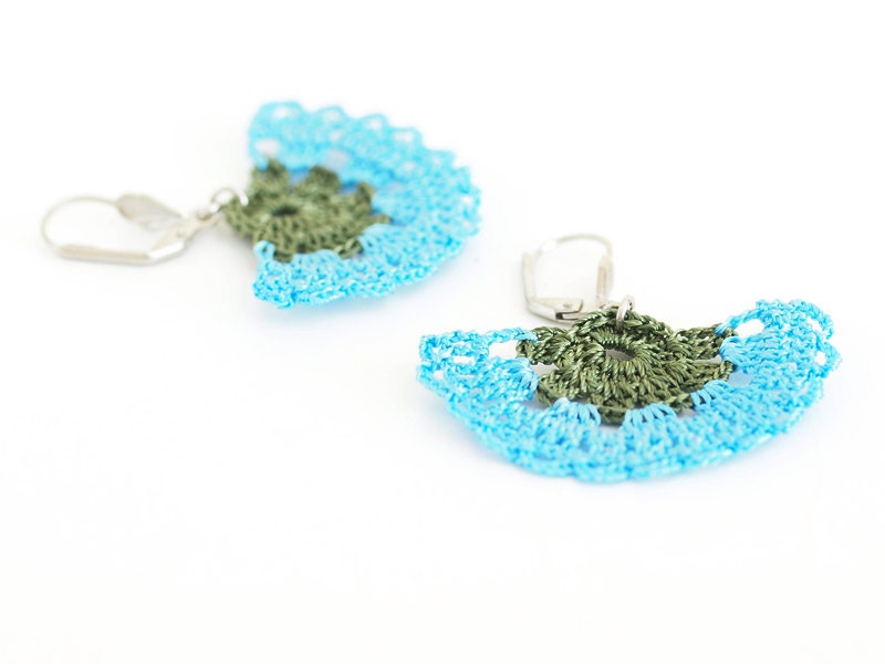 Crocheted Dangle Earrings Aqua Blue Green OOAK Varnished Hippie Boho Semicircle Flower Blue Mosque Tile
