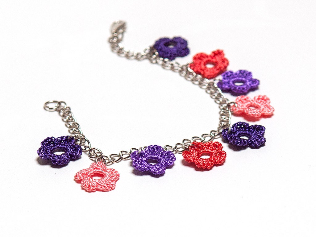 Crochet Bohemian Chic Flowers Bracelet in Purple, Lilac , Peach, Poppy Red Hippie Boho Gypsy Style Jewelry Flower Lace