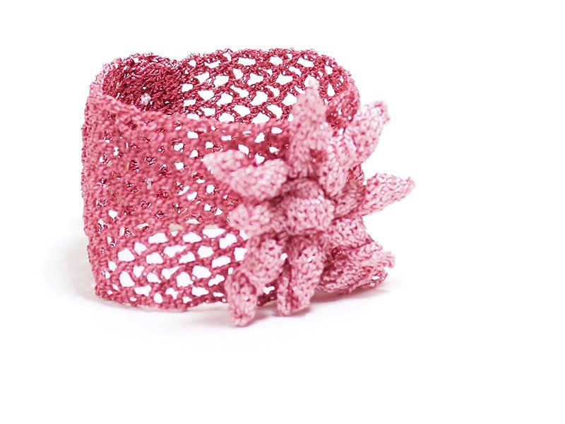 Crochet Bohemian Chic Cuff Bracelet in Cerise Pink Hippie Boho Gypsy Style Jewelry Circle Flower Lace