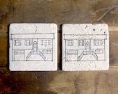custom house coaster set of two (2) - hand drawn home illustration - architectural line drawing