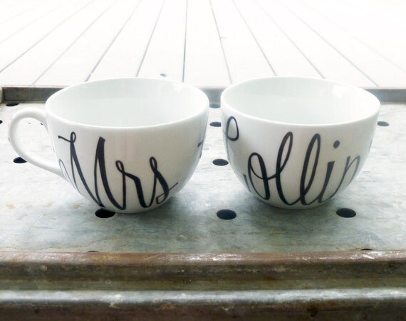 mr. and mrs. last name coffee mugs - wedding date on handle - set of two (2) black and white hand painted design