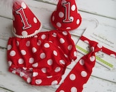 Baby Boy / Toddler First Birthday Cake Smash Diaper Cover Tie and Party Hat Outfit in Red and White Mickey Dots