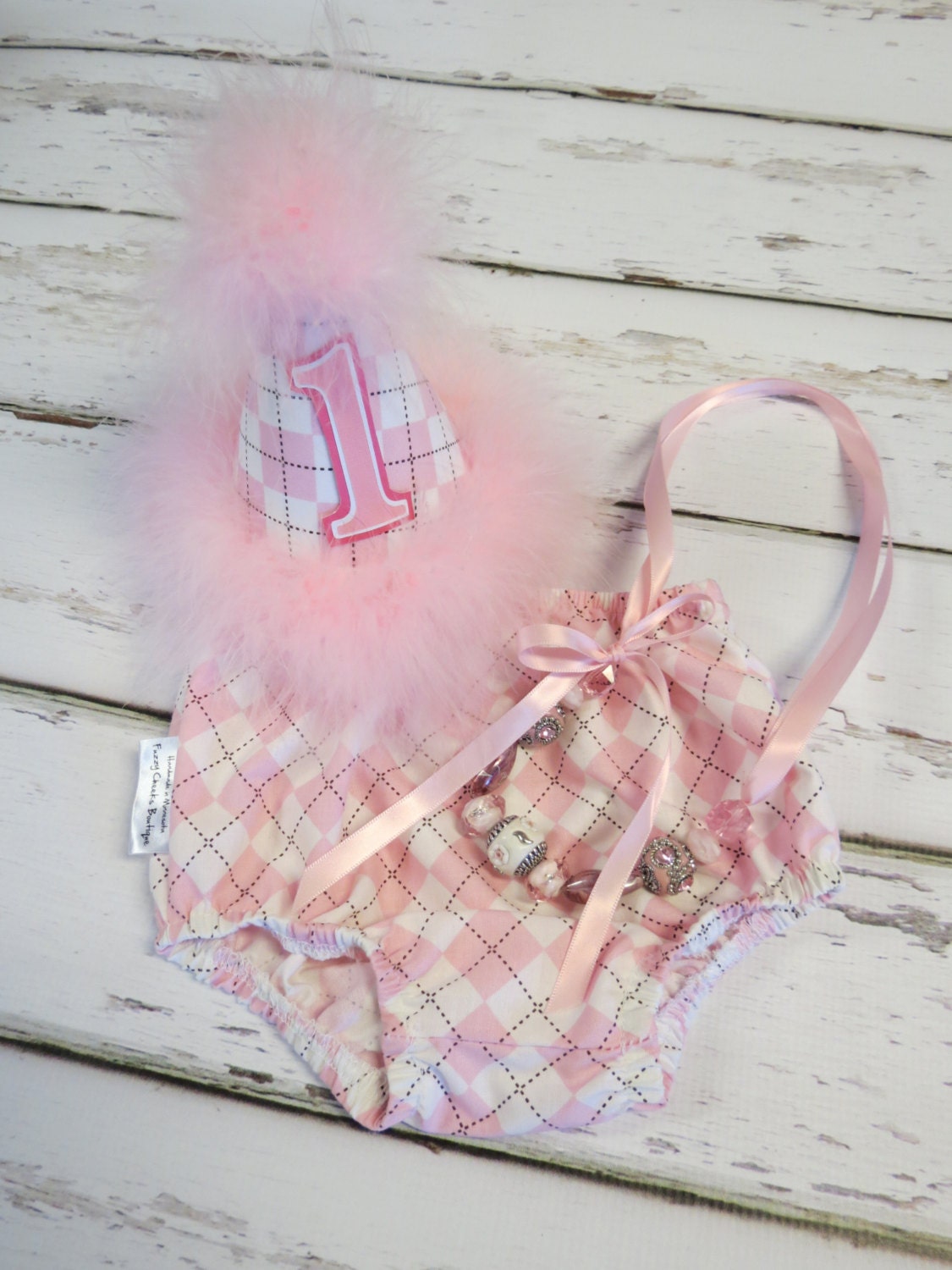 Baby Girl / Toddler First Birthday Cake Smash Outfit With Diaper Cover Party Hat & Necklace in Pink and White Argyle