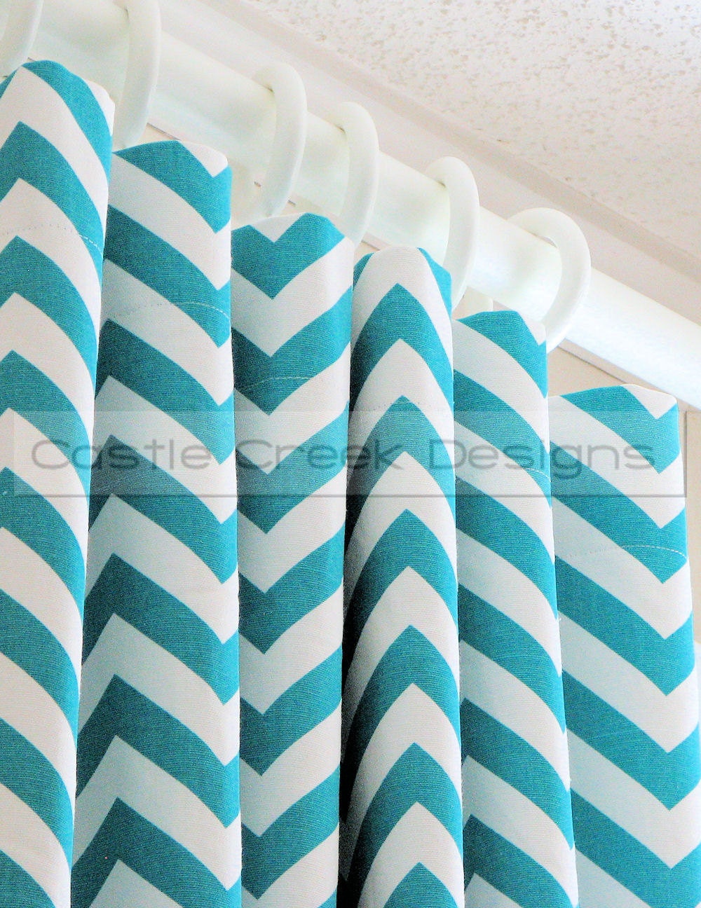 Designer Curtains - Pair of Decorative Designer Custom Curtains Drapes  50 x 84 Turquiose and White Chevron Zig Zag