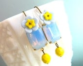 Retro Earrings, Blue Yellow Vintage Earrings, Flower Earrings, Shabby Chic Earrings, Retro Spring Earrings by ChromeAndCotton