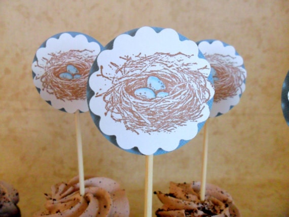 Cupcake Toppers Blue Nest Handmade Paper Baby Shower Housewarming Food Picks Party Decor Food Decoration