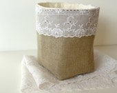 Burlap Basket Vintage Eyelet Lace Fabric - Rustic Linen Burlap Bin - Fabric Bucket - Rustic Wedding Decor