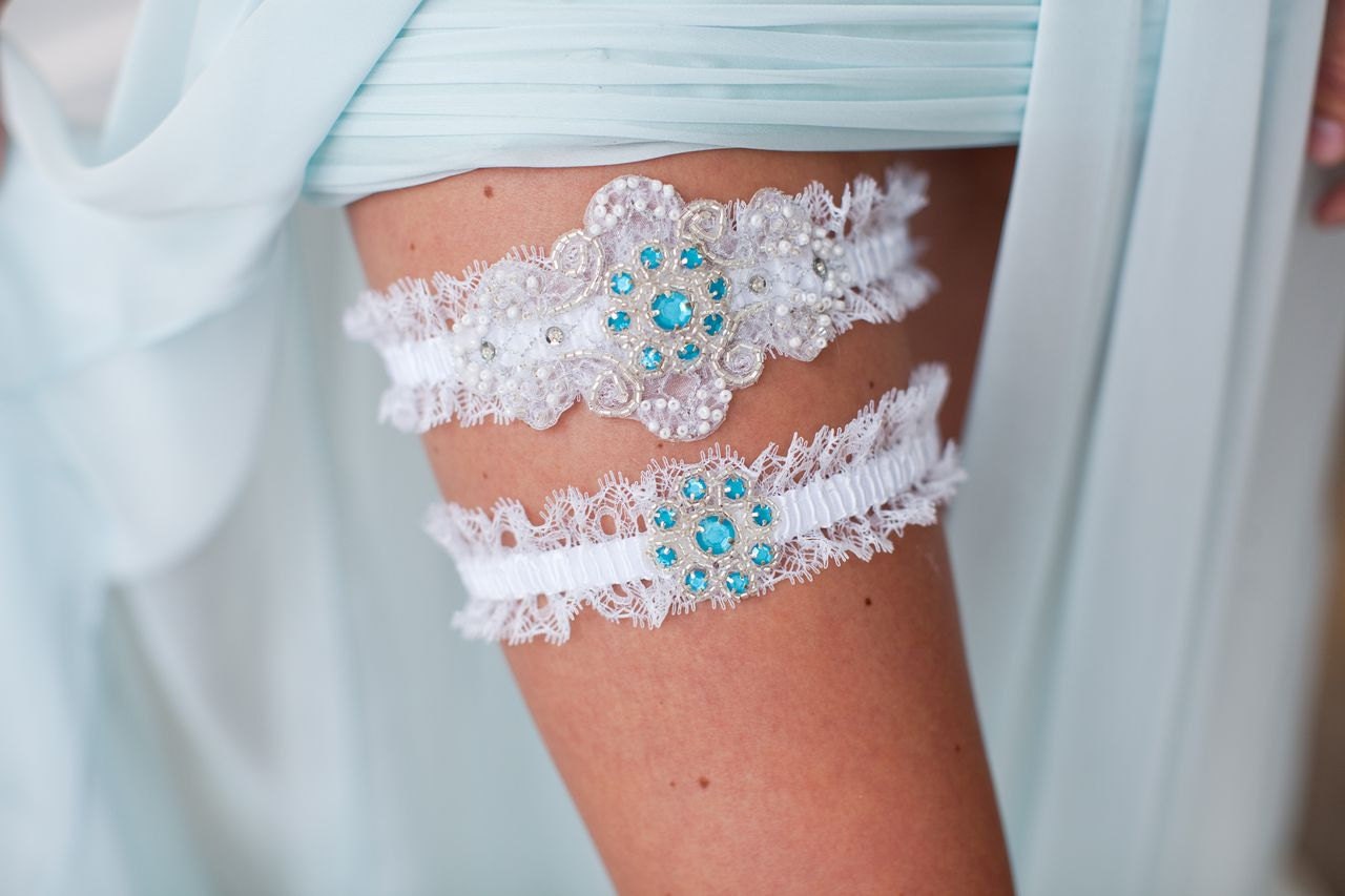 Sophia - Lace Garter Set in Blue with Beaded and Embroidered Centerings - Something Blue - Toss Garter - Heirloom Garter - Wedding Garter