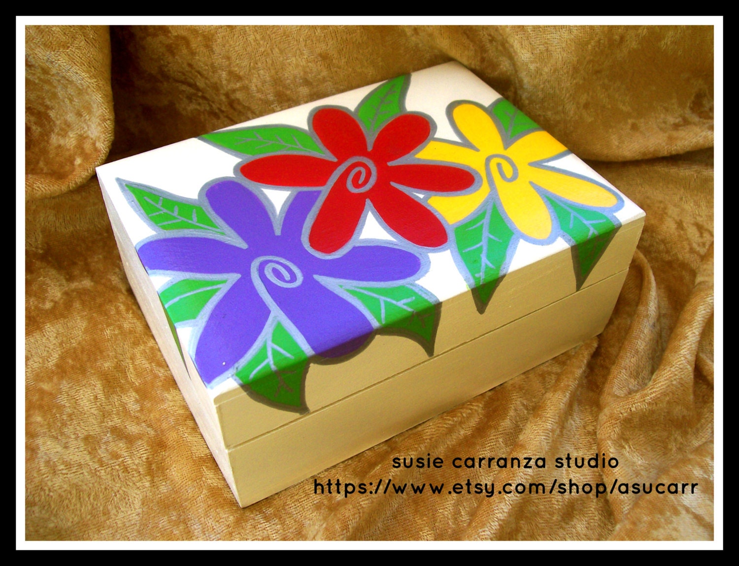 Handpainted Wood Box - Antique White with Purple, Red, and Yellow Flowers.