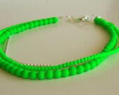 Neon Green Glass Pearl & Silver Chain Necklace