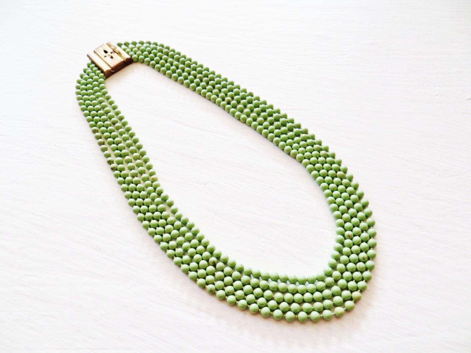 Art Deco Necklace Green Enamel Bead Chain Collar Brass 1930s Art Deco Jewelry