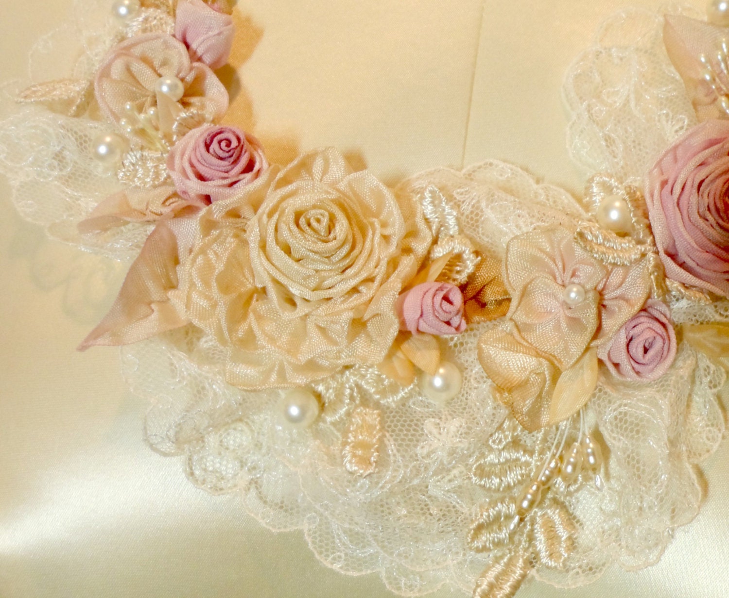Ribbon Work Roses on Lace Pink and Cream  Roses Marie Antoinette