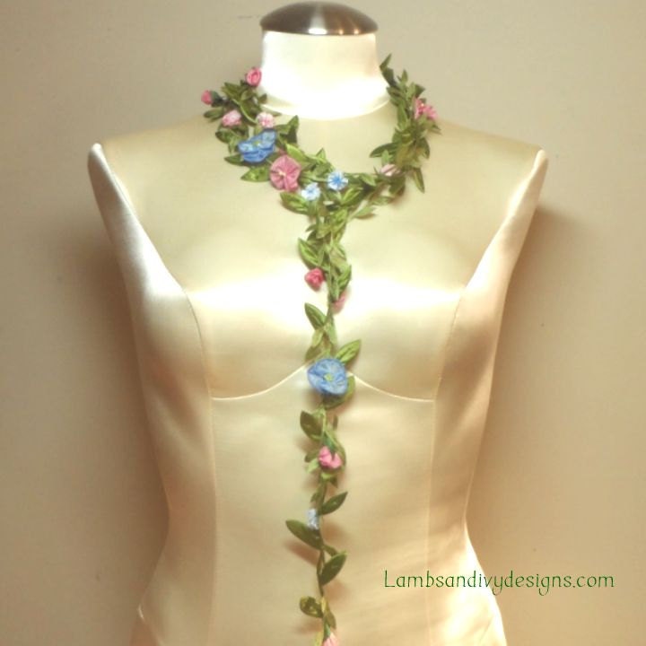 Long Necklace Lariat  Ribbonwork Flower Necklace Garland