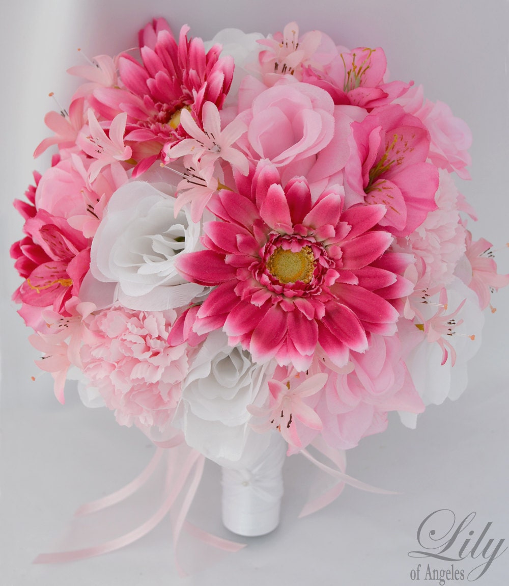 17pcs Wedding Bridal Bouquet Silk Flower Decoration Package PINK FUCHSIA WHITE "Lily of Angeles"
