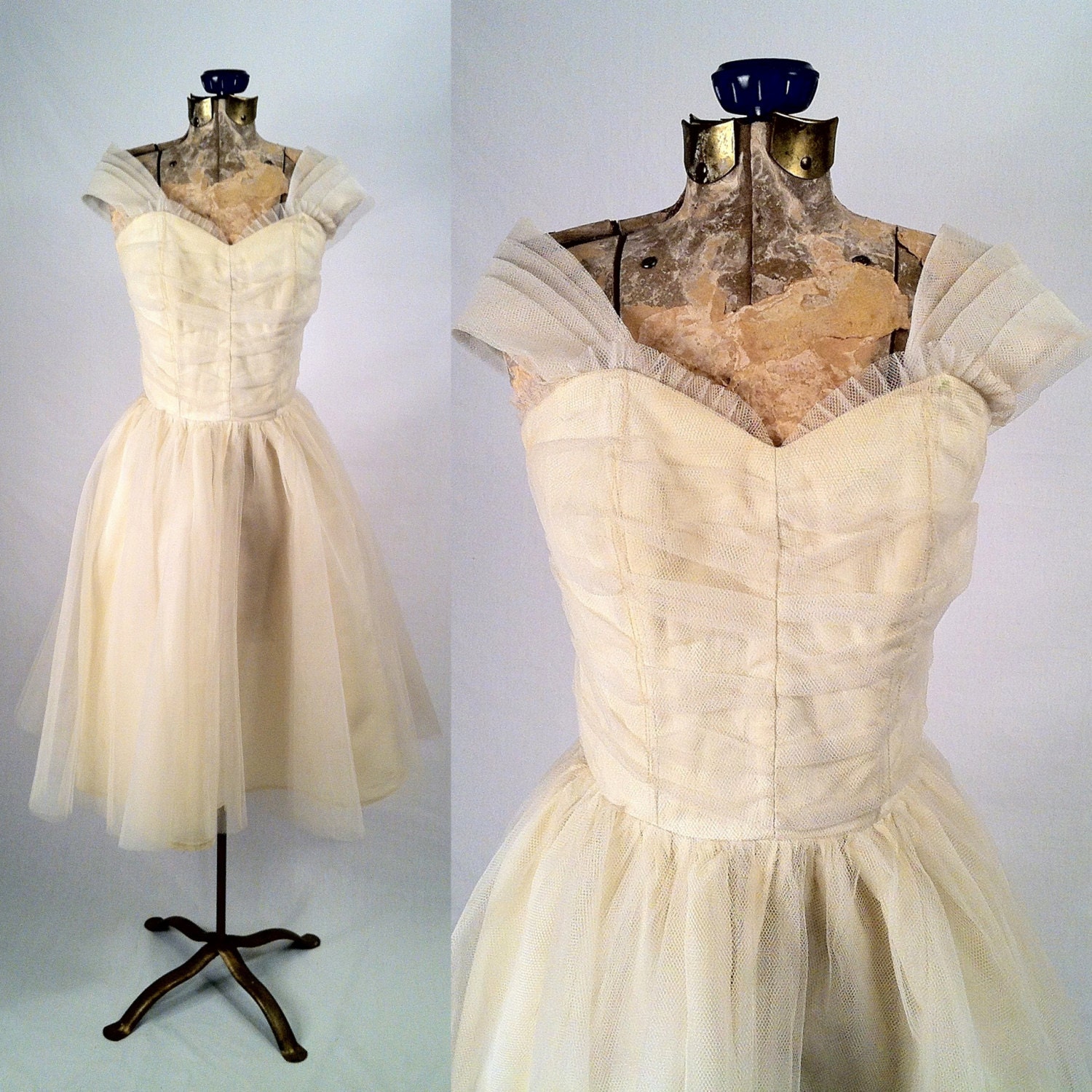 Vintage 1950s Cream Tulle Cocktail Dress - Bridal, Wedding or Bridesmaid