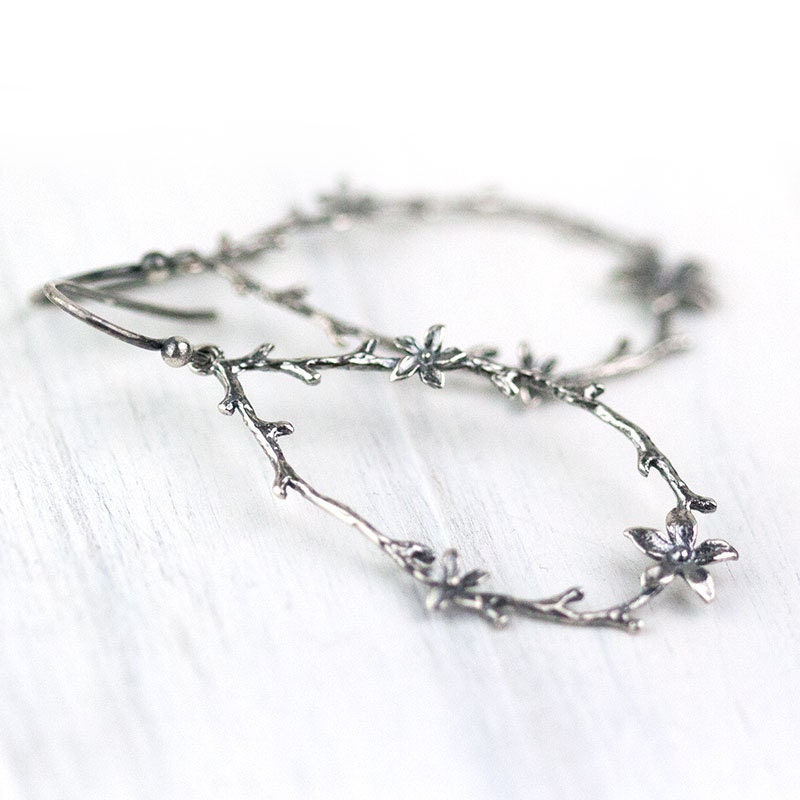 Twig and Blossom Earrings / Large Sterling Silver Botanical Dangle Earrings / Woodland Jewelry