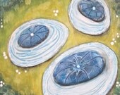 Sea Flowers - mixed media painting on wood panel in yellow, blue, green, aqua