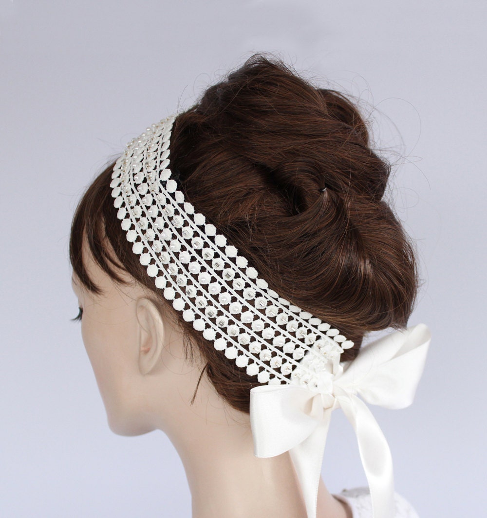 Pearl Beads Embroidered Bridal Headband, for Modern Brides. White Satin Ribbon Bow. Handmade