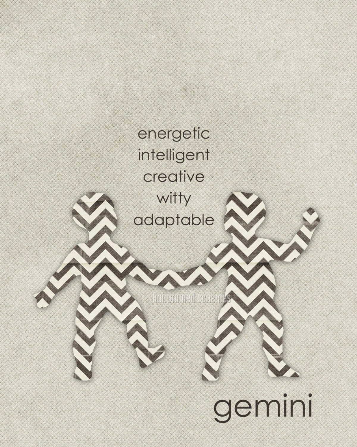 Zodiac Astrology Digital Art Print - June Gemini The Twins - Linen Charcoal Gray Chevron Home Decor Typography Poster