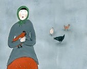 Country Girl - giclee A4 print from gouache painting on paper girl holding hen hens wall art kids wall art unique decoration kitchen decor