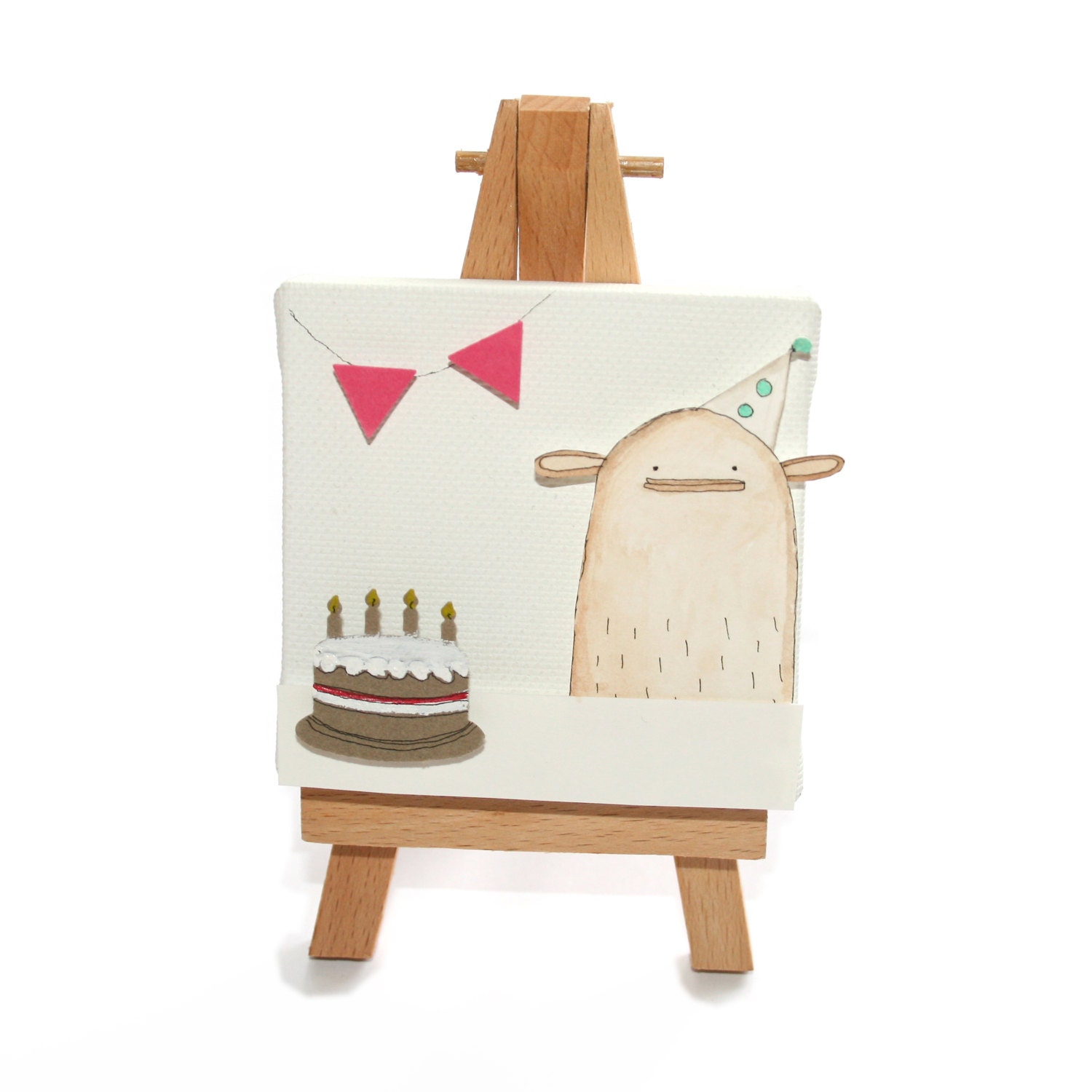Original Miniature Painting - Original Art, Watercolour Painting, Miniature Canvas and Easel, Birthday Cake and Bunting, Miniature Art
