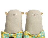 Twin Bears, Perfect Gift for Twins, Double Trouble, Pair, Two Handmade Bears, Plush Bears, Bow Tie, Art Doll, Poosac, Brown, Yellow, Blue