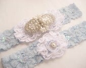 Blue Garter, Pearl Wedding Garter Set, Toss Garter,  Something Blue, Blue and White Bridal garter