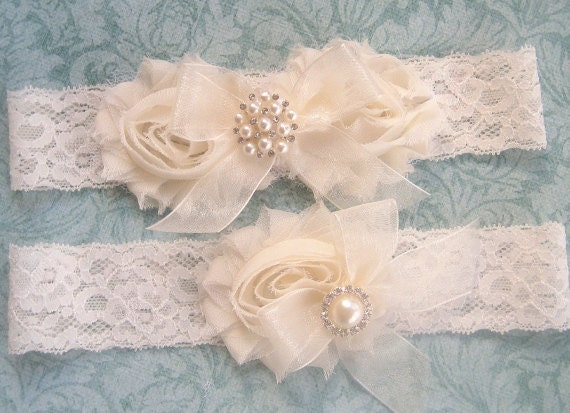 SALE Vintage Bridal Garter- Wedding Garter Set- Toss Garter included  Ivory with Rhinestones and Pearls  Custom Wedding colors