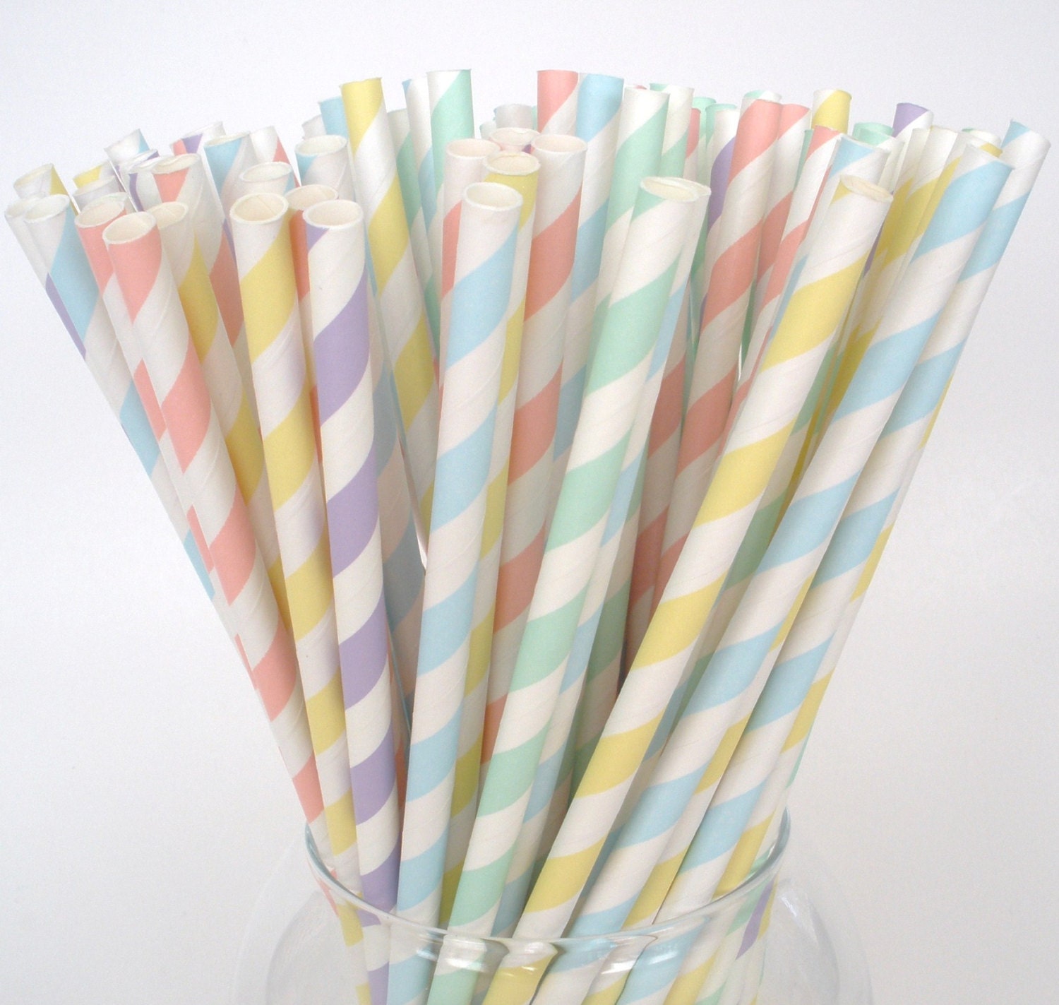 50 Pastel Paper Straws....SPRING BOUQUET of Stripe Paper Drinking Straws.... w/ DIY Blank Printables, Retro, Vintage Inspired, Biodegradable
