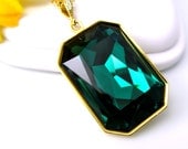 Emerald Green Necklace Swarovski Crystal Emerald Cut Long Layering Necklace Large Pendant Gold Chain Emerald Jewelry Statement Necklace