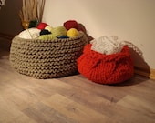 Red Hand Knitted Basket  Bowl Vase Container Natural Wool Rope Red