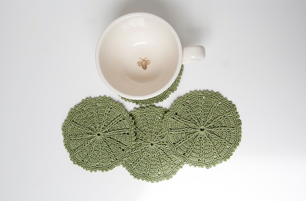 Coasters // Crocheted Sage Green // Housewarming Gift // Gift for the Home // Wedding Shower Gift // Hostess Gift