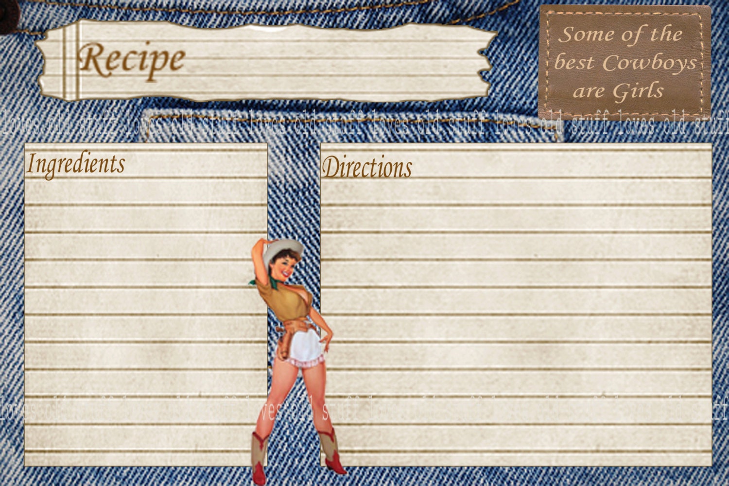 Recipe Card Pin Up 4x6 Cowgirl, Digital Printable