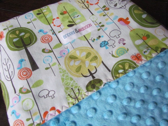 Baby Minky Blanket, Oh Happy Day with Light Turquoise Minky Dot - READY TO SHIP