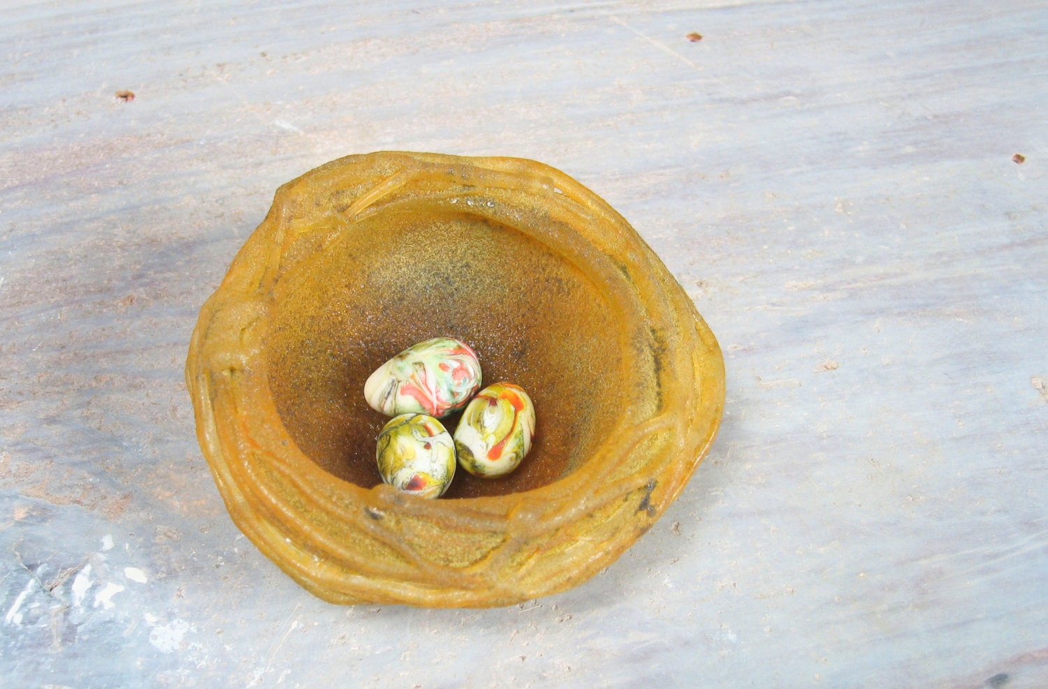 Bird Nest Sculpture with Eggs - Hand Blown Glass - French Country Woodland Rustic Earth Tones