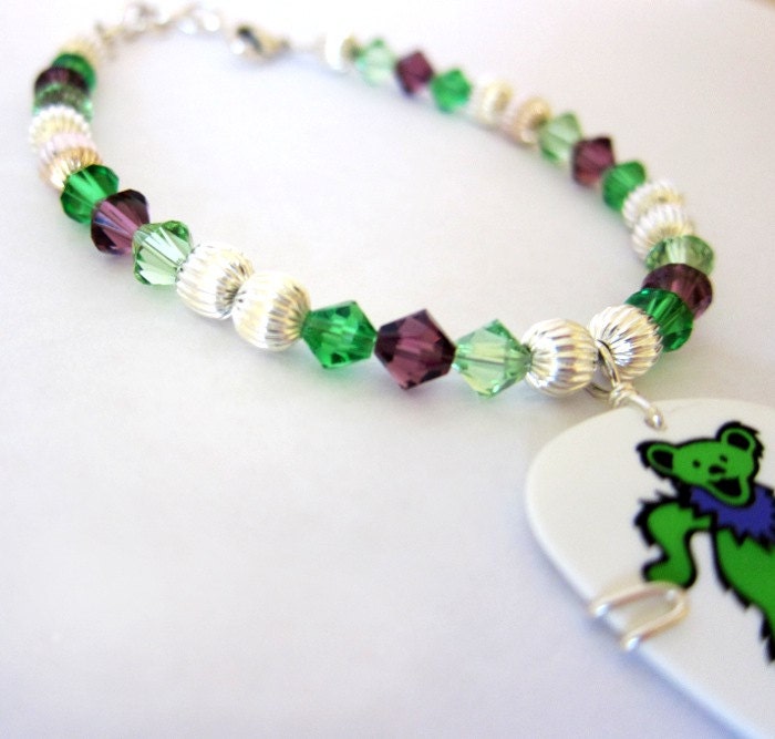 Grateful Dead Jewelry - Guitar Pick Bracelet - Green and Purple Crystals