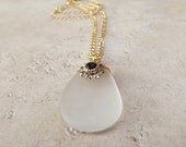 White Sea Glass Necklace:  24K Gold Wire Wrapped Beach Wedding Jewelry, Jet Black Swarovski Flower