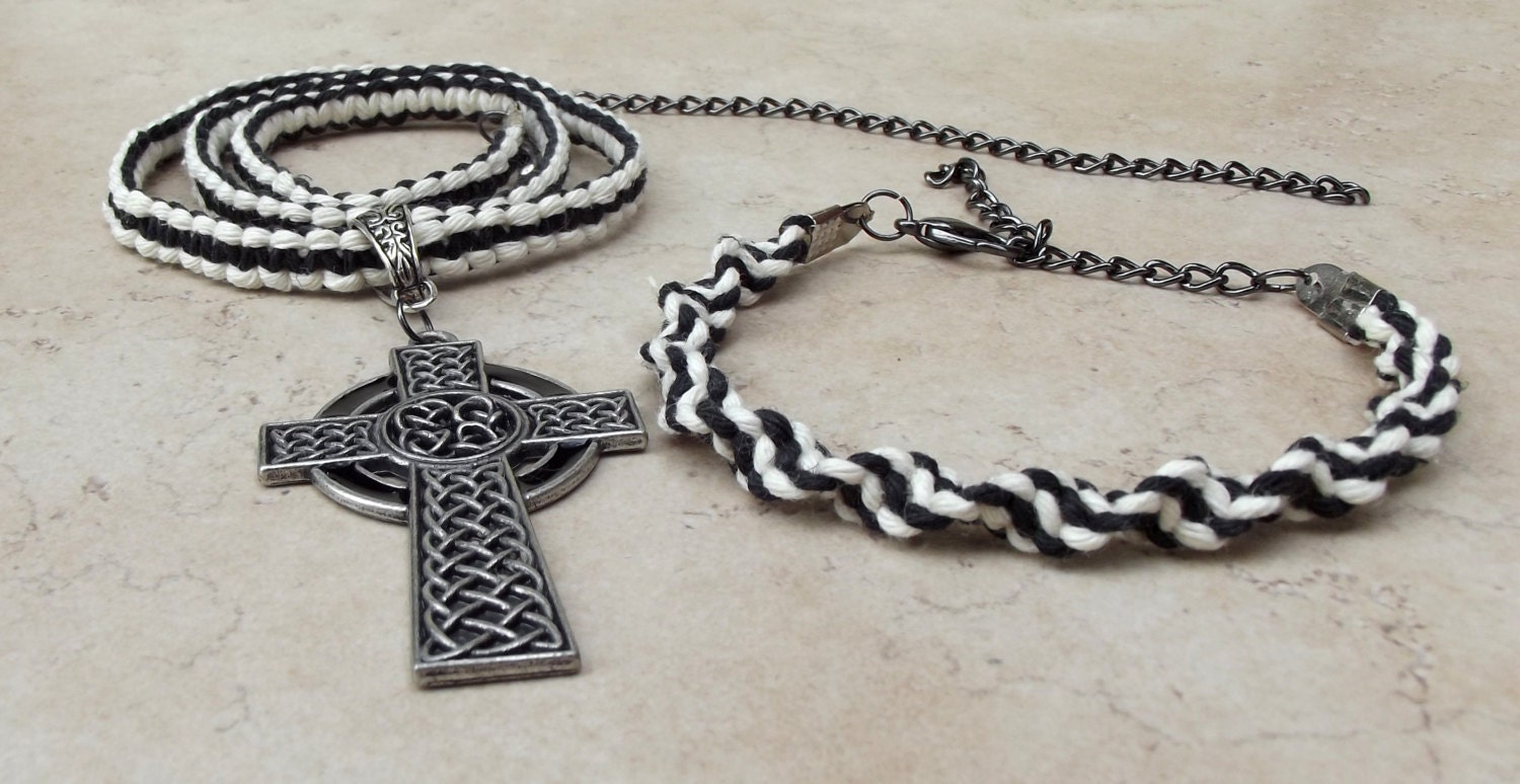 Father's Day Jewelry, Black and White Macrame Cord Celtic Cross Men's Necklace, Unisex Hemp Jewelry, Man Gift with Matching Bracelet