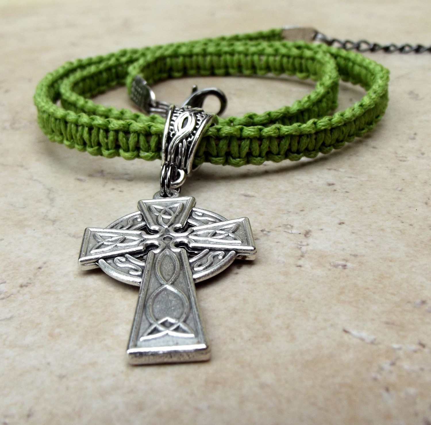 Father's Day Jewelry, Men's Celtic Cross Necklace:  Neon Lime Green Chartreuse Braided Macrame Hemp Unisex Jewelry