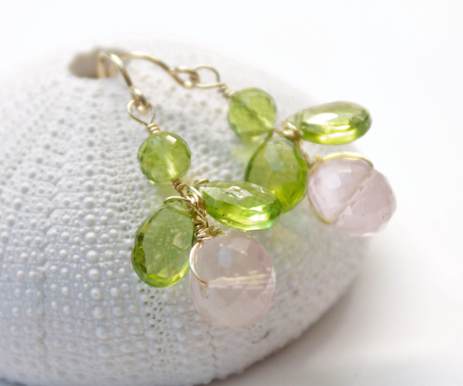 Dangle rose quartz earrings- wire wrapped peridot earrings- gold filled pink green gemstone earrings, spring flower, gift for her