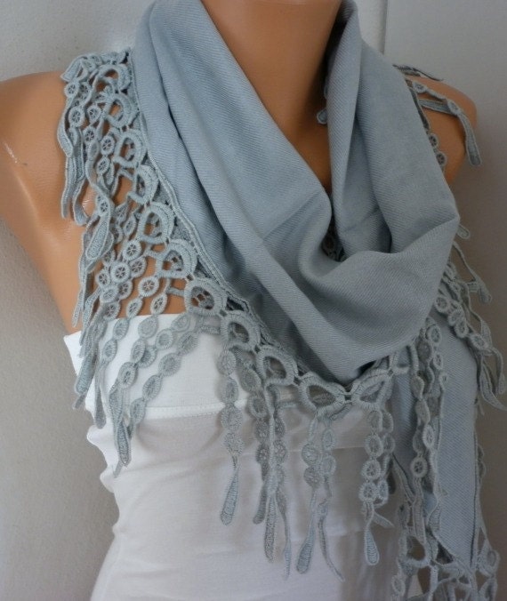 Silver Gray Pashmina Scarf - Cotton Scarf -  Cowl with Lace Edge - for her - Bridesmaid Gift - Light Gray Grey