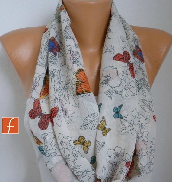 Butterfly Infinity Scarf Shawl Circle Scarf Loop Scarf  Gift -fatwoman - Butterfly scarf- Chiffon