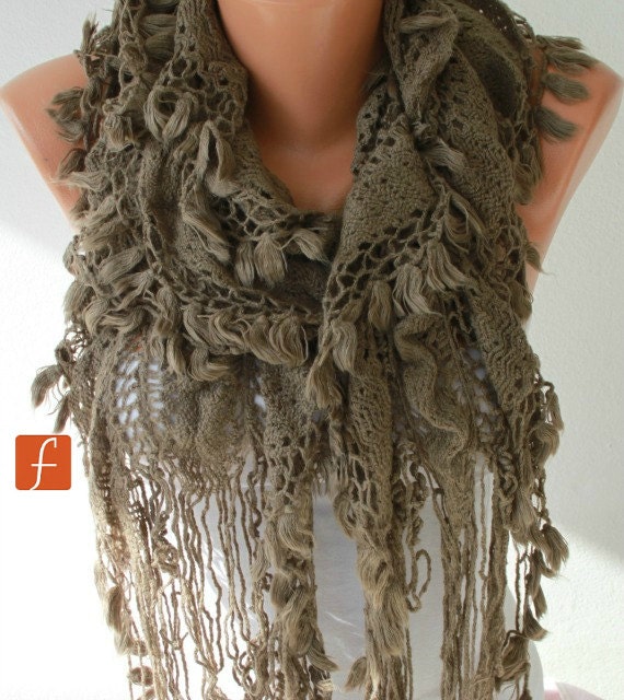 Fabric Knitted Lace Scarf  -  Shawl Scarf  Cowl Scarf -  Long Scarf - Ruffle Scarf- Dark Beige- Taupe -fatwoman