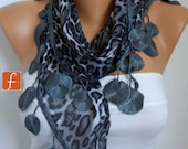 Gray Leopard Scarf   Women Scarf  Cowl Scarf with Lace Edge - fatwoman