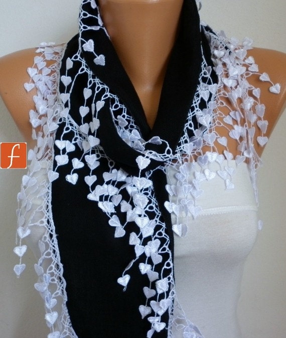 Black  Scarf - Pashmina Scarf - Cowl Scarf with Lace Edge - fatwoman