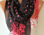 BIG SALE Cotton Scarf - Shawl - Cowl with  Lace Edge  Gift - Polka dot Black Pink - fatwoman